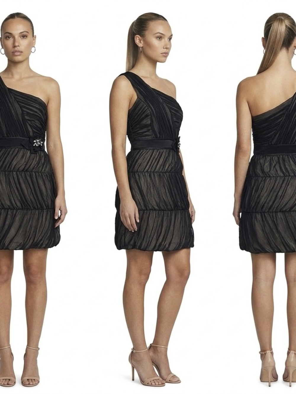 NWT Max & Cleo Black One-Shoulder Cocktail Dress Beads Waist asymmetric Size 8
